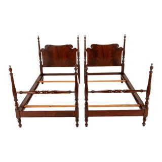 Antique Flamed Mahogany 4 Poster Twin Bed Frames - a Pair For Sale