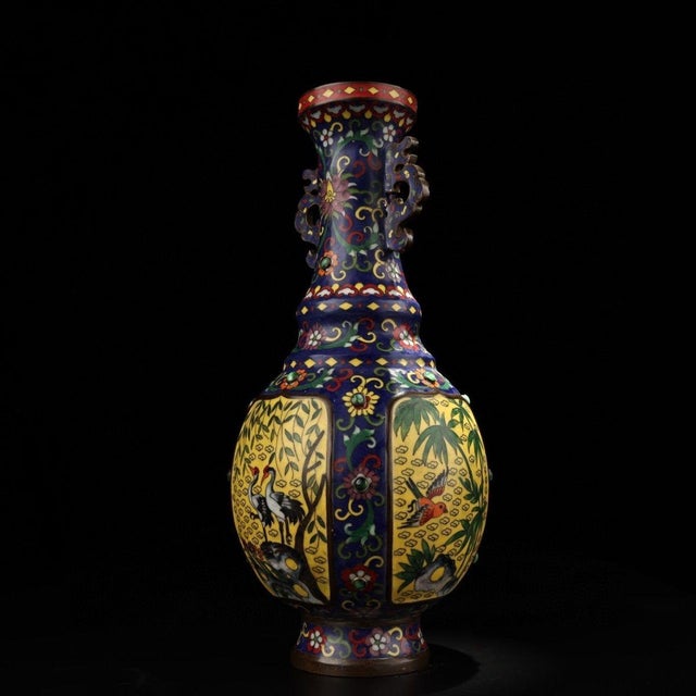 Monumental Vintage Chinese Cloisonné Enamel "Cranes & Bamboo" Vase - 3940g, 40cm For Sale - Image 4 of 9