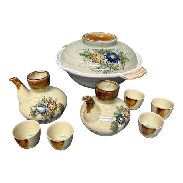 Vintage Japanese Ceramic Donabe Hotpot and Sake Set, 1970s, Set of 8 For Sale