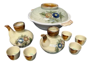 Vintage Japanese Ceramic Donabe Hotpot and Sake Set, 1970s, Set of 8