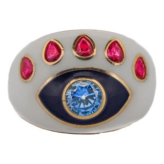 Guardian Blue Topaz & Ruby Evil Eye White Enamel Adjustable Ring Size For Sale