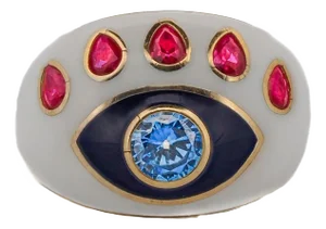 Guardian Blue Topaz & Ruby Evil Eye White Enamel Adjustable Ring Size