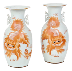 Pair Chinese Export Late Qing Iron-Red Foo Dog Vases
