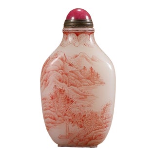 Vintage Peking Glass Enamel Landscape Snuff Bottle With Pink Stone Stopper For Sale