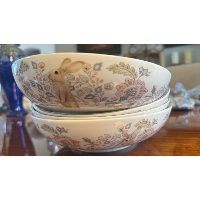 Shabby Chic 1990s Porcelain Bunny Bowl, Blue Floral Interior, Gold Trim, by Envogue, 8.5" Diameter 4 Pc For Sale - Image 3 of 15