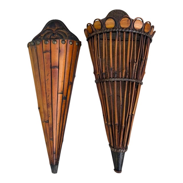 Vintage Sculptural Rattan and Bamboo Wall Pockets, a Coordinated Pair For Sale