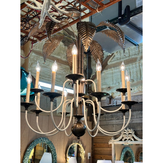 Vintage 12-Light Tole Palm Leaf Chandelier With Sculptural White Arms For Sale - Image 12 of 12