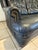 Elevate your interior with this exquisite vintage Regency-style leather sofa, masterfully crafted in rich navy blue slate...