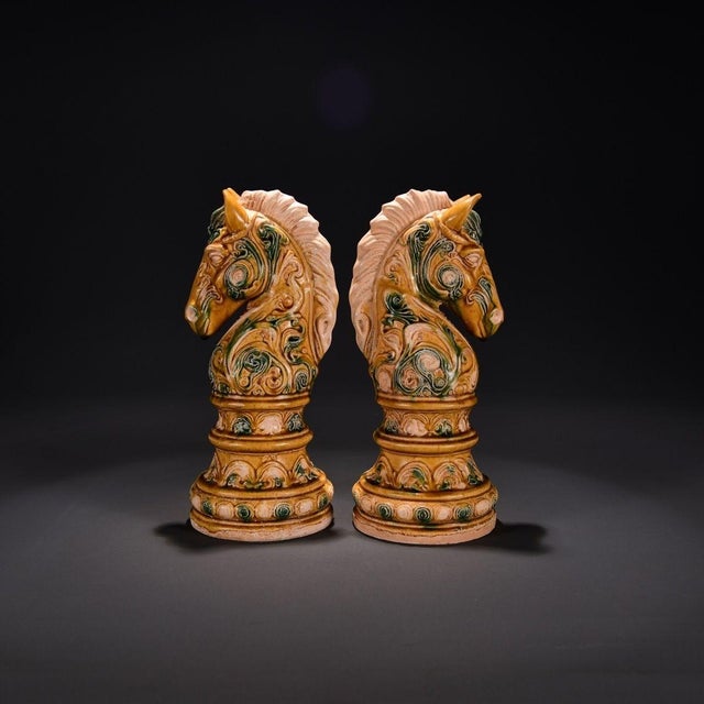 Chinese Pair of Vintage Sancai Glazed Horse Head Figurines / Sculptures For Sale - Image 3 of 9
