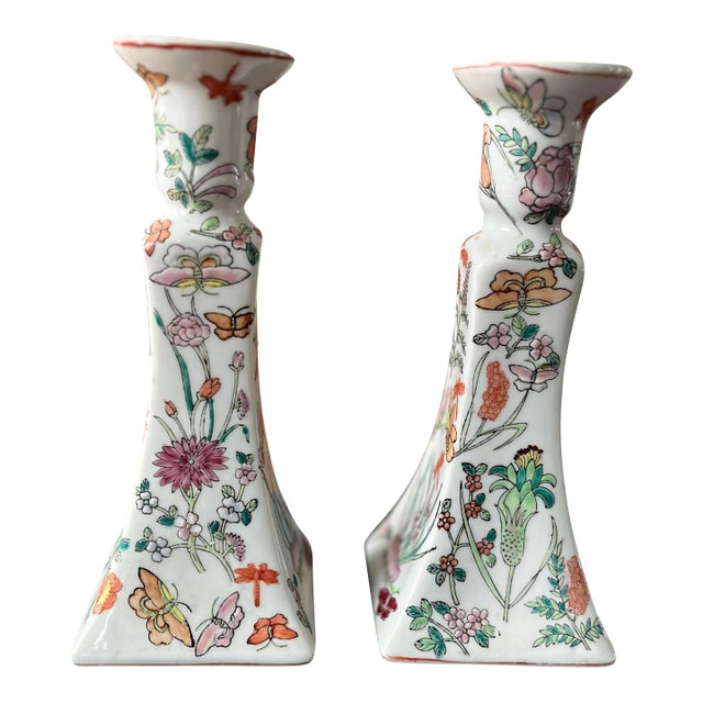 1970s Tall Hand-Painted Chinoiserie Candlestick Holders-Set of 2 For Sale