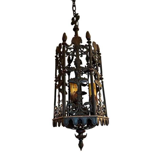 Mediterranean Lantern of Cast Iron and Brass With Paint, Circa 1920 For Sale - Image 3 of 7