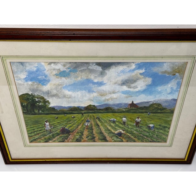 British 20th Century Landscape Oil Painting, Strawberry Pickers Harvesting in West Sussex South Downs For Sale - Image 4 of 18
