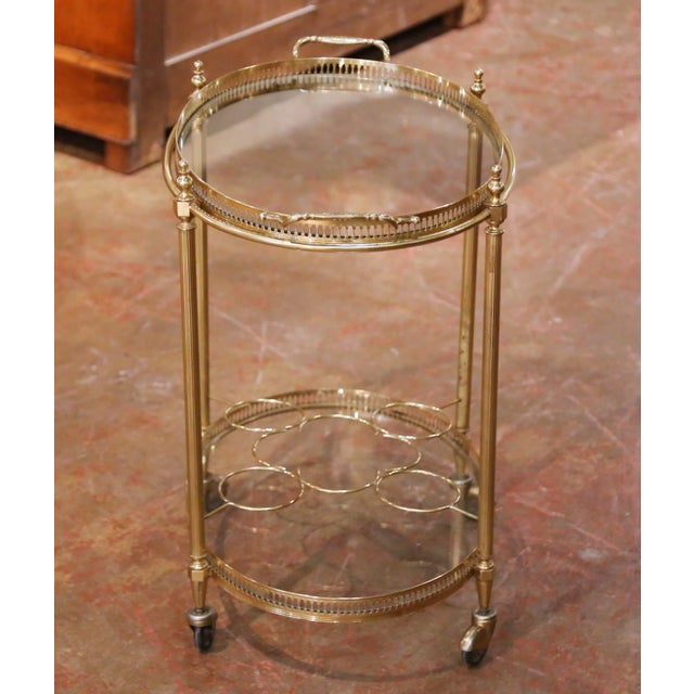 Mid-Century French Brass and Glass Two-Tier Bar Cart With Removable Tray For Sale - Image 4 of 9