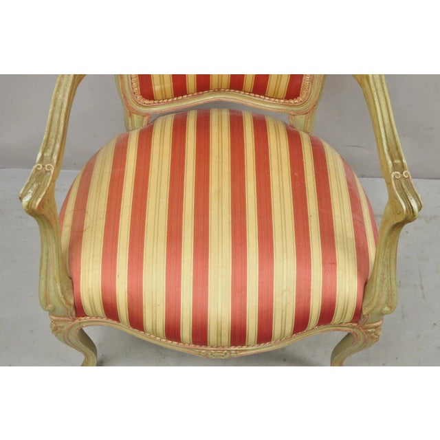 Vintage French Louis XV Style Green & Pink Painted Arm Chair W/ Striped Fabric For Sale In Philadelphia - Image 6 of 12