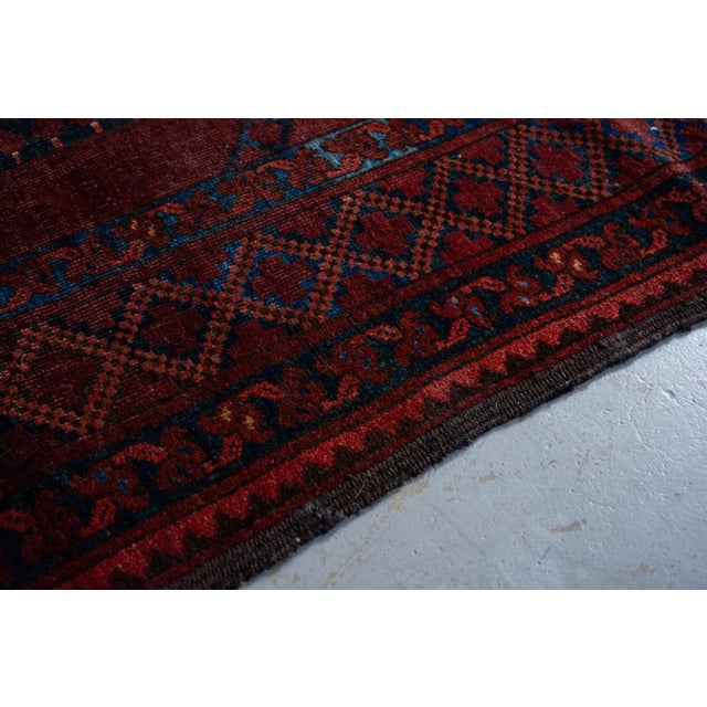 Antique Allover Tribal Geometric Coral Red Navy Blue Hand-Knotted Wool Low Pile Rug - 8’3” X 9’5” For Sale - Image 10 of 12