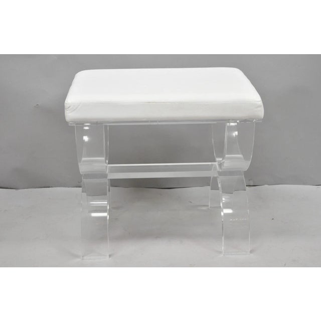 Mid-Century Modern Contemporary Modern Lucite Acrylic X-Form White Vanity Bench Stool Seat For Sale - Image 3 of 15
