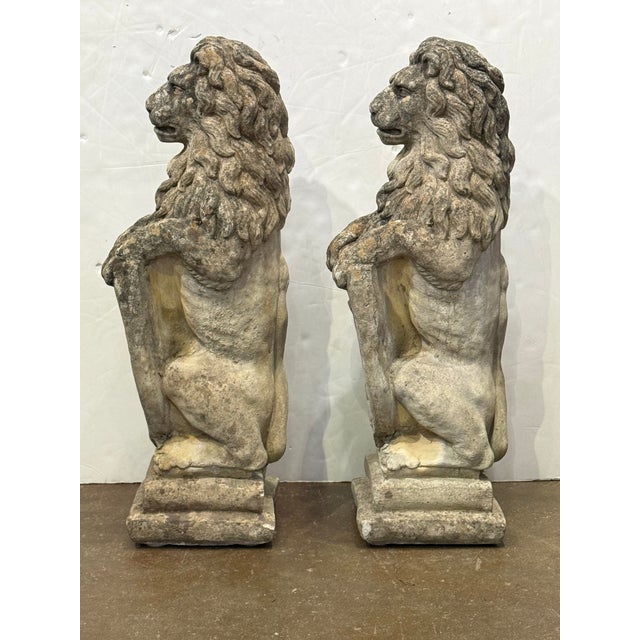 Pair of Cast Stone Armorial Lion Garden Statues From England - Two Available For Sale - Image 11 of 15