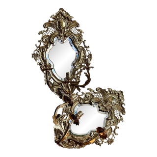 Vintage Gilded Brass Wall Sconces W/ Beveled Mirrors For Sale