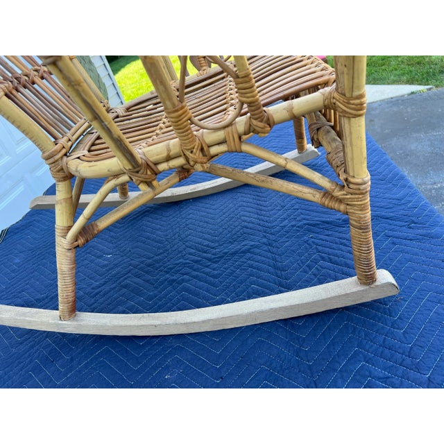 Chestnut Italian Franco Albini Attributed Mid Century Bamboo Woven Safari Rattan Rocking Chair For Sale - Image 8 of 10