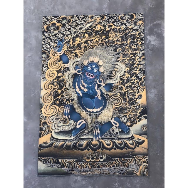 Xizang Embroidery and Brocade Thangka Buddha Painting - Wrathful Deity Protector Wall Art - Hand Painted Buddhist Sacred Scroll Mid 20th Century For Sale In Seattle - Image 6 of 6