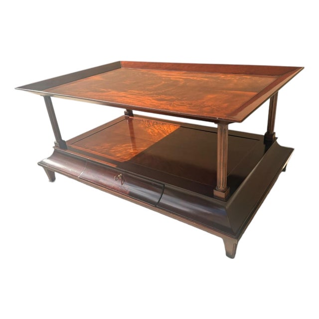 Late 20th Century Baker Furniture Mahogany Two-Tier Coffee Table With Flame Veneer Top & Fluted Columns For Sale