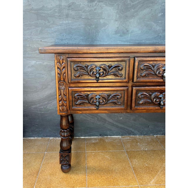 1930s Spanish Renaissance Revival Oak Six-Drawer Console with Carved Panels, 1930s For Sale - Image 5 of 9