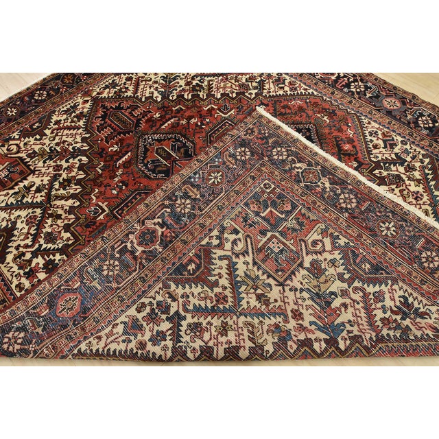 Heriz Rug 9′ X 10’5” Red Wool Vintage Tribal Hand-Knotted Oriental Carpet For Sale - Image 14 of 15