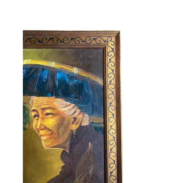 Portraiture 1950 Vintage Chinese Oil Painting on Board Portrait of a Woman in a Hat, Signed Tom Wong For Sale - Image 3 of 9