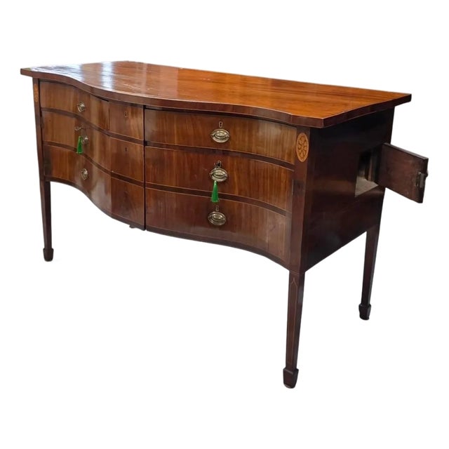 English George III Hepplewhite Serpentine Mahogany Sideboard W/Solid Slab Top Faux Drawer Fronts, Concealed Twin Cabinets & Side Access Door,1790–1805 For Sale