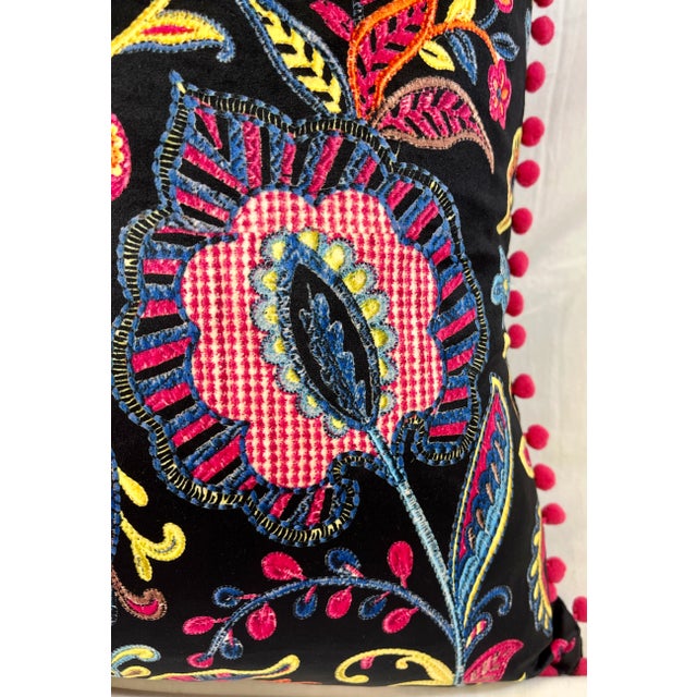 Abstract 20" Square Decorative Throw Pillow With a Modern Paisley Floral Pattern in Bright Pinks, Yellows & Blues Framed by Bright Pink Pom-Poms For Sale - Image 3 of 11