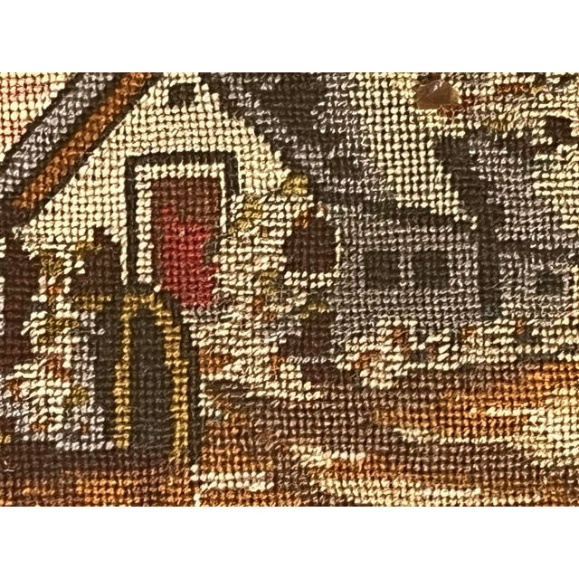 Charming pair of antique French petit point needlework art featuring cottages in soft shades of greens, ivory, tans,...