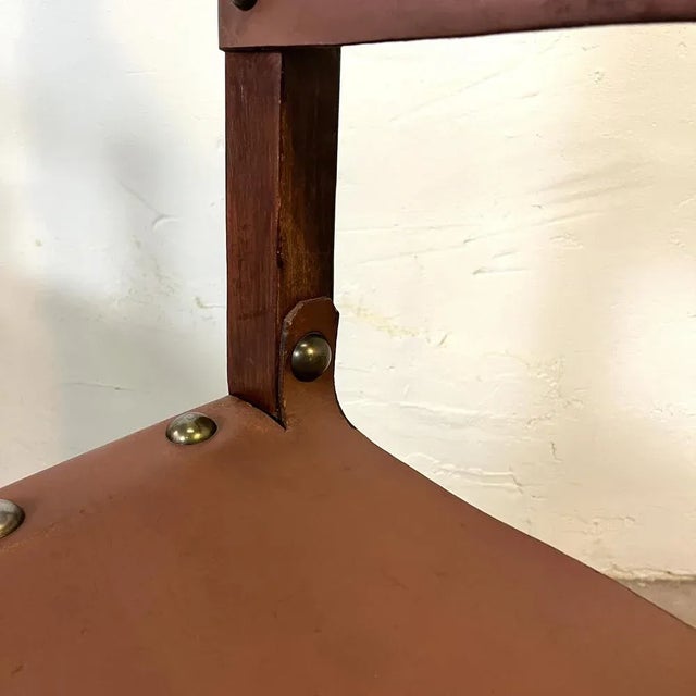 Brown Spanish Chair in Leather and Carved Wood, 1950s For Sale - Image 8 of 12