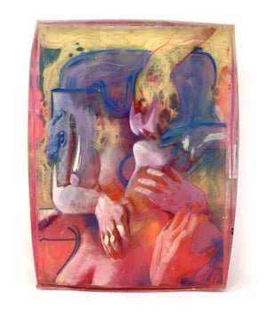 Love is a Political Act by Marc Scheff | Oil, caran d'ache, layered resin depicting abstract figures embracing.