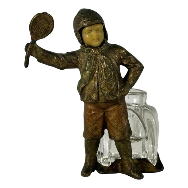 Antique Bronzed Spelter Ivorine Celluloid Sporting Tennis Figural Inkwell For Sale