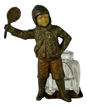 Antique Bronzed Spelter Ivorine Celluloid Sporting Tennis Figural Inkwell