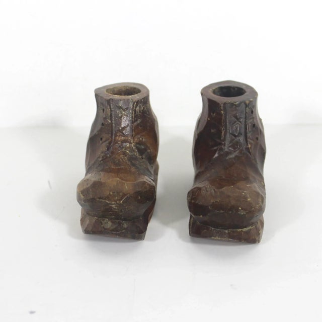 Vintage French Canadian Folk art carved wood boot candle holders. So quirky and unusual! Rustic, primitive. In good...