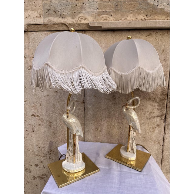 Pair of Ceramic and Brass Flamingo Lamps Top Vintage 70s Rare and absolutely tres chic Working and intact European Plug...