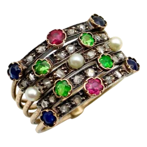 Edwardian 14K Gold Diamond, Ruby, Sapphire, Garnet, Pearl Harem Ring Size 6.5