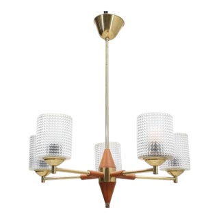 1960s Swedish Mid-Century Modern Teak, Brass and Pressed Crystal Five-Light Chandelier For Sale