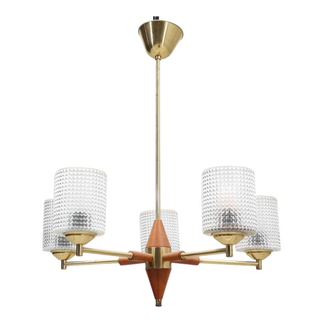 1960s Swedish Mid-Century Modern Teak, Brass and Pressed Crystal Five-Light Chandelier For Sale