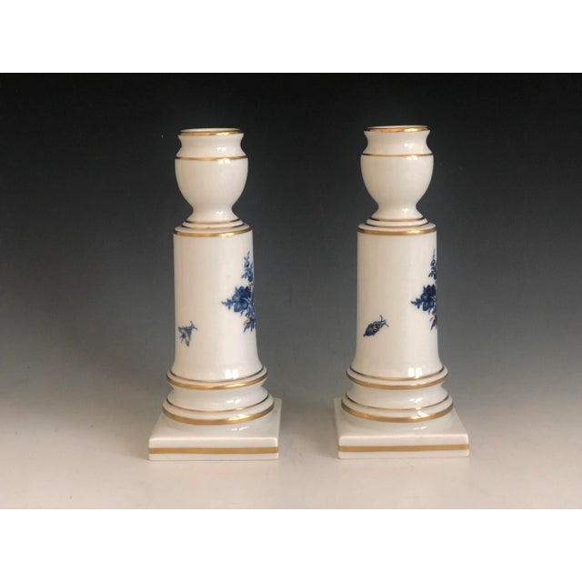 Meissen Porcelain Pair of Meissen Porcelain Aquatinta Candlesticks Flower Insect Decor Gold Accent For Sale - Image 4 of 11