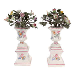 Pair Antique Samson Mennecy Style Tole Peinte & Porcelain Flower Vases/Cachepots