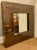 Original Retail $2397, stylish Labarge Co. Modern Walnut Finished Wood Square Wall Mirror, glass cutout with antique brass...