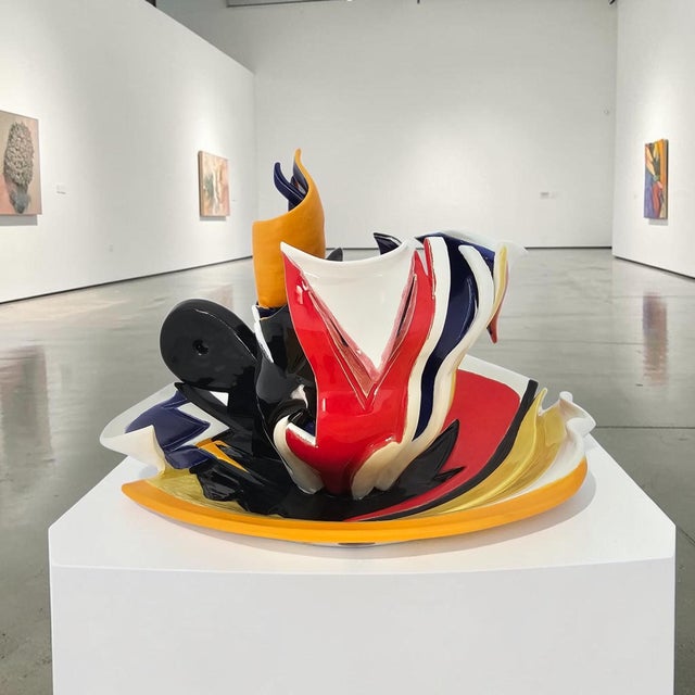 A 1990 abstract ceramic vessel sculpture by Northern California artist Neil Williams (b. 1959), transforming the...