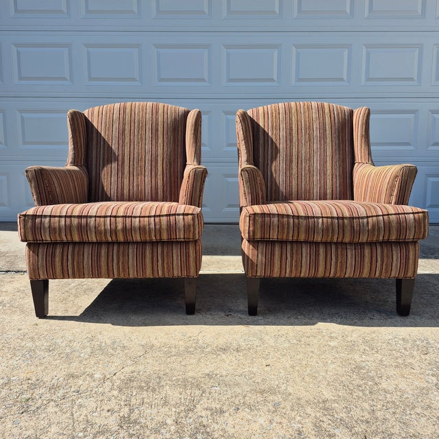 2010s 2010 Stratford Caye Large-Scale Modern Wingback Arm Chairs Brown Striped Upholstery - A Pair For Sale - Image 5 of 10