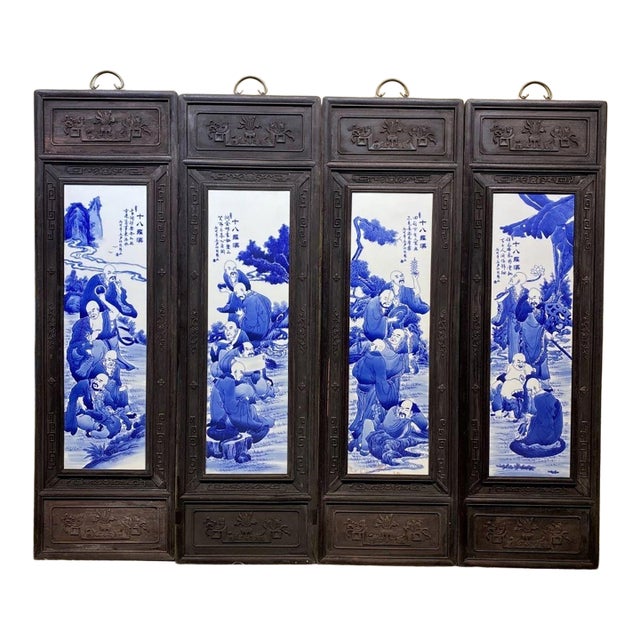 Monumental Set of 4 Antique Chinese Rosewood & Blue-and-White Porcelain Plaques Featuring the 18 Arhats For Sale