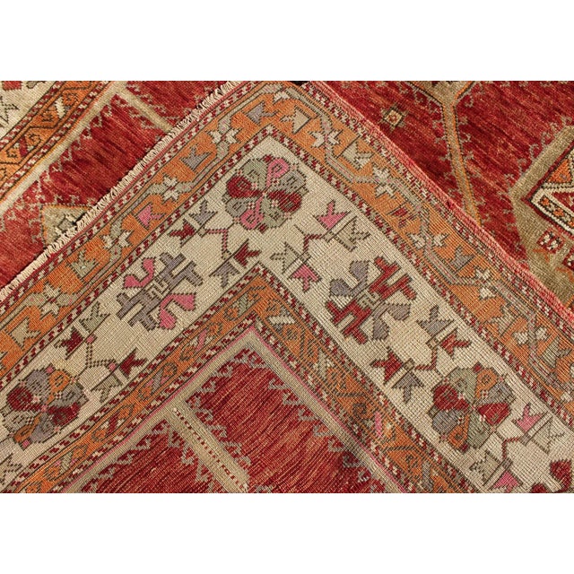 Red Antique Turkish Oushak Rug With Geometric Design in Red, Light Green, Orange and Cream For Sale - Image 8 of 9