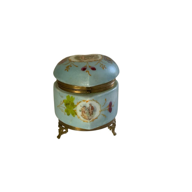 Antique French Enameled Opaline Gilt Ormalu Hand Painted Courting Scene Trinket Box Made in France c1900. Approx. 5" High...