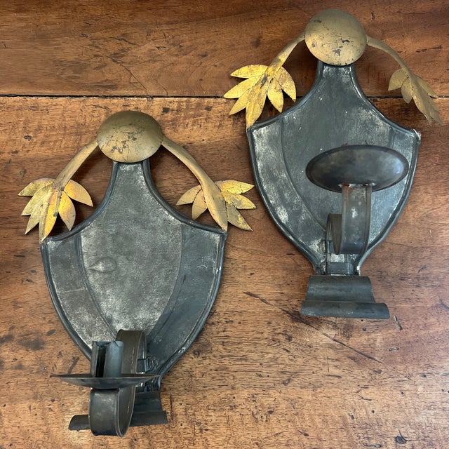 Antique Swedish Gilded Tole Metal Work Wall Candle Sconces - Pair Currently for candle light, may be professionally hard...