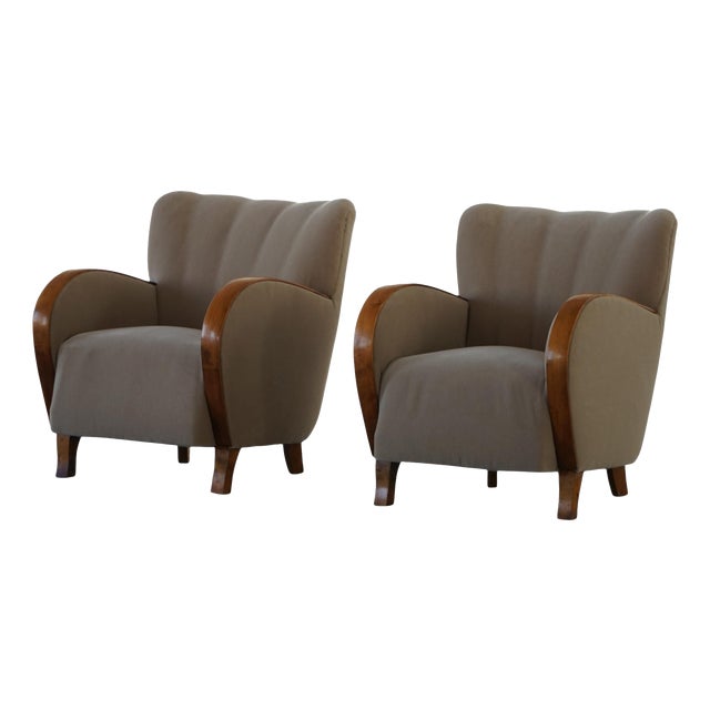Danish Modern Art Deco Lounge Chairs in Mohair and Elm, 1940s, Set of 2 For Sale